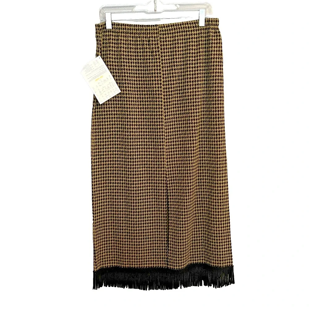 NWT Nina Leonard Houndstooth Skirt With‎ Black Fringe Size Medium Ankle Length